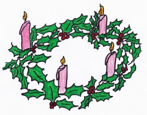 advent wreath with holly leaves and 4 candles - 3 purple and one pink